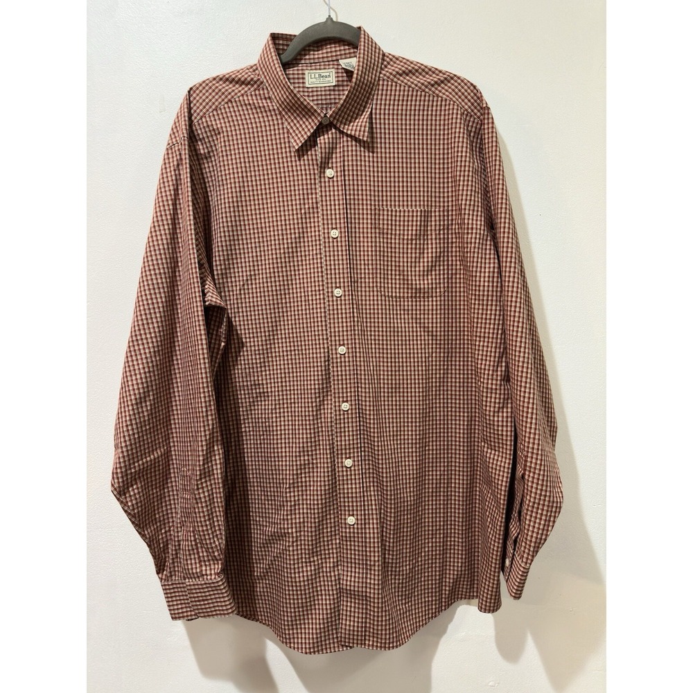 LL‎ Bean Men's Gingham Red Long Sleeve 100% Cotton  XL Tall Button Up Shirt